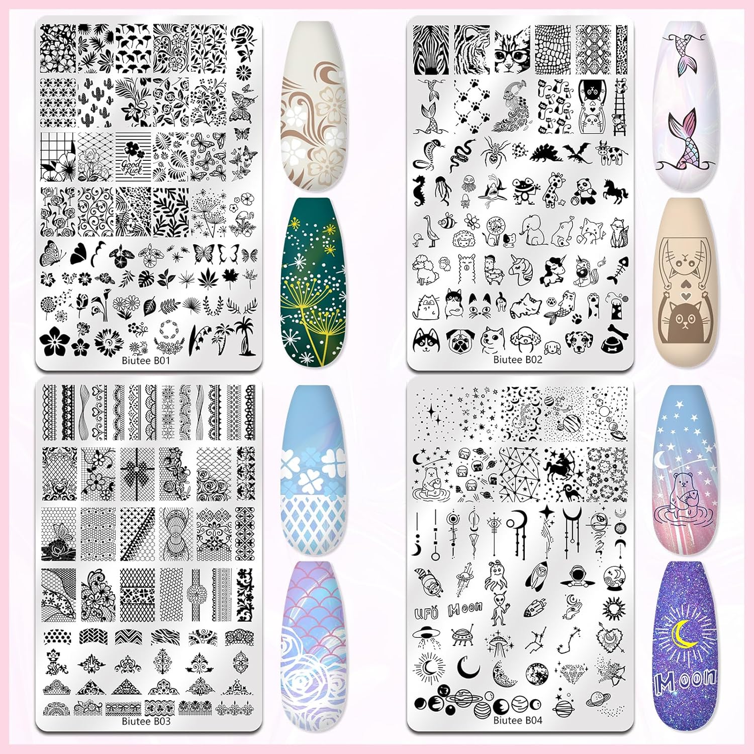 Biutee 4PCS Nail Stamping Plates Set, Includes Nail Art Stamper & Scraper - French Line Lace, Space, Animal, Flower, Leaf Designs - Large Nail Art Stencils Templates for DIY Manicure-Velvo Beauty