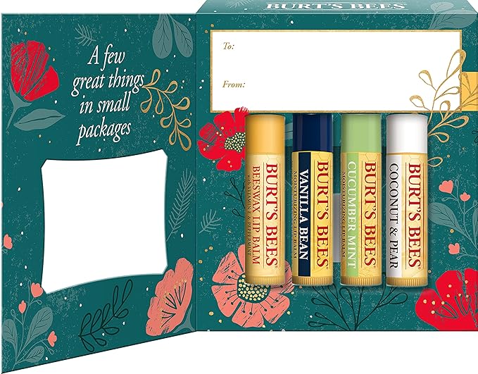Burt’s Bees Holiday Gift, 4 Lip Balm Stocking Stuffer Products, Beeswax Bounty Assorted Set - Original Beeswax, Vanilla Bean, Cucumber Mint & Coconut Pear (Old Verison)-Velvo Beauty