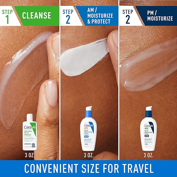 CeraVe AM Face Moisturizer with SPF, PM Face Moisturizer & Hydrating Face Wash Skin Care Routine for Morning & Night | Travel Size Toiletries | 3oz Lotion + 3oz Lotion + 3oz Cleanser-Velvo Beauty