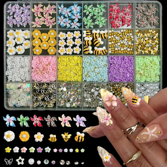 Flowers Nail Charms and Gems, Cute 3D Bee Daisy Hawaii Flowers Nail Art Charms for Acrylic Nails, Gold Silver Butterfly Nail Rhinestone and Charms,White Flatback Pearl Nail Charms Manicure DIY Crafts-Velvo Beauty