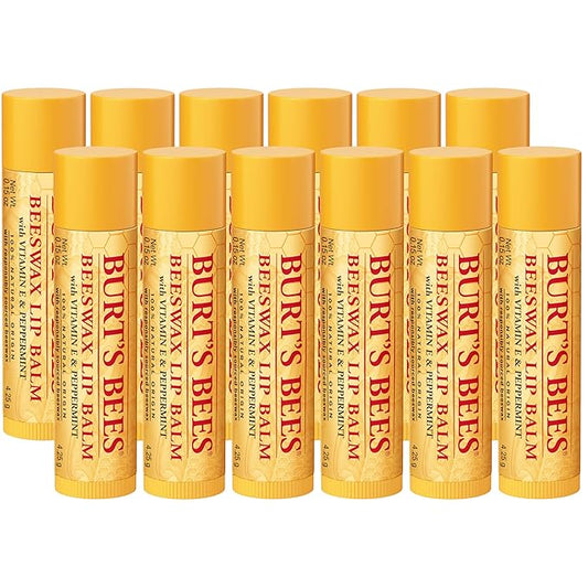 Burt's Bees Lip Balm - Original Beeswax 12 Count Pack in Bulk, Lip Moisturizer With Responsibly Sourced Beeswax, Tint-Free, Natural Origin Conditioning Lip Treatment, 12 Tubes, 0.15 oz-Velvo Beauty