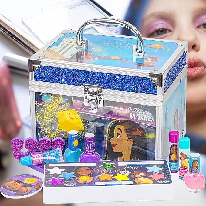 Disney Wish - Townley Girl Train Case Cosmetic Makeup Set Includes Lip Gloss, Eye Shimmer, Brush, Nail Polish, Accessories & more! for Girls, Ages 3+ perfect for Parties, Sleepovers & Makeovers-Velvo Beauty