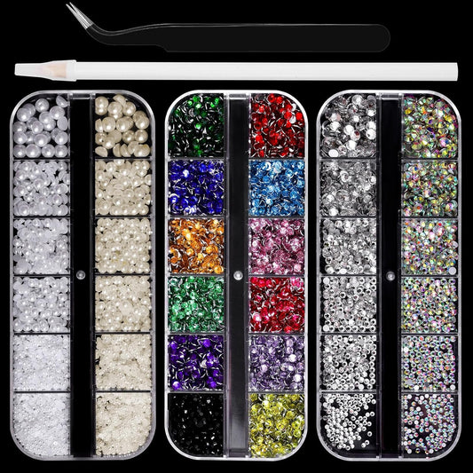Flatback Rhinestones Half Pearls for Crafting, 1.6-4mm Colorful Crystal AB Rhinestones and 1.5-6mm Small Pearls for Bedazzling, Clothes and Nails Art-Velvo Beauty