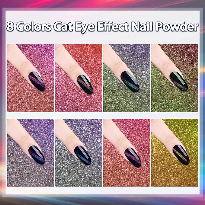 Laza 8 Colors Cat Eye Chrome Nail Powder Chameleon Magnetic Powder 3D Cat Eye Mirror Effect Pigment Dust Magic Galaxy Effect Glitter for Velvet Nail Art - Discolor Candy-Velvo Beauty
