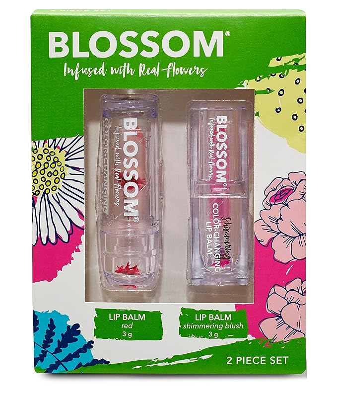 Blossom Moisturizing Custom Color Changing 2 pack, Strawberry Scented Crystal Lip Balm (Red), Shimmer Sparkle Lip Stain Tint (Blush), Infused with Real Flowers, 6g, Red/Blush-Velvo Beauty