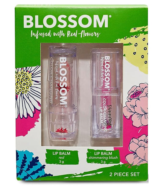 Blossom Moisturizing Custom Color Changing 2 pack, Strawberry Scented Crystal Lip Balm (Red), Shimmer Sparkle Lip Stain Tint (Blush), Infused with Real Flowers, 6g, Red/Blush-Velvo Beauty