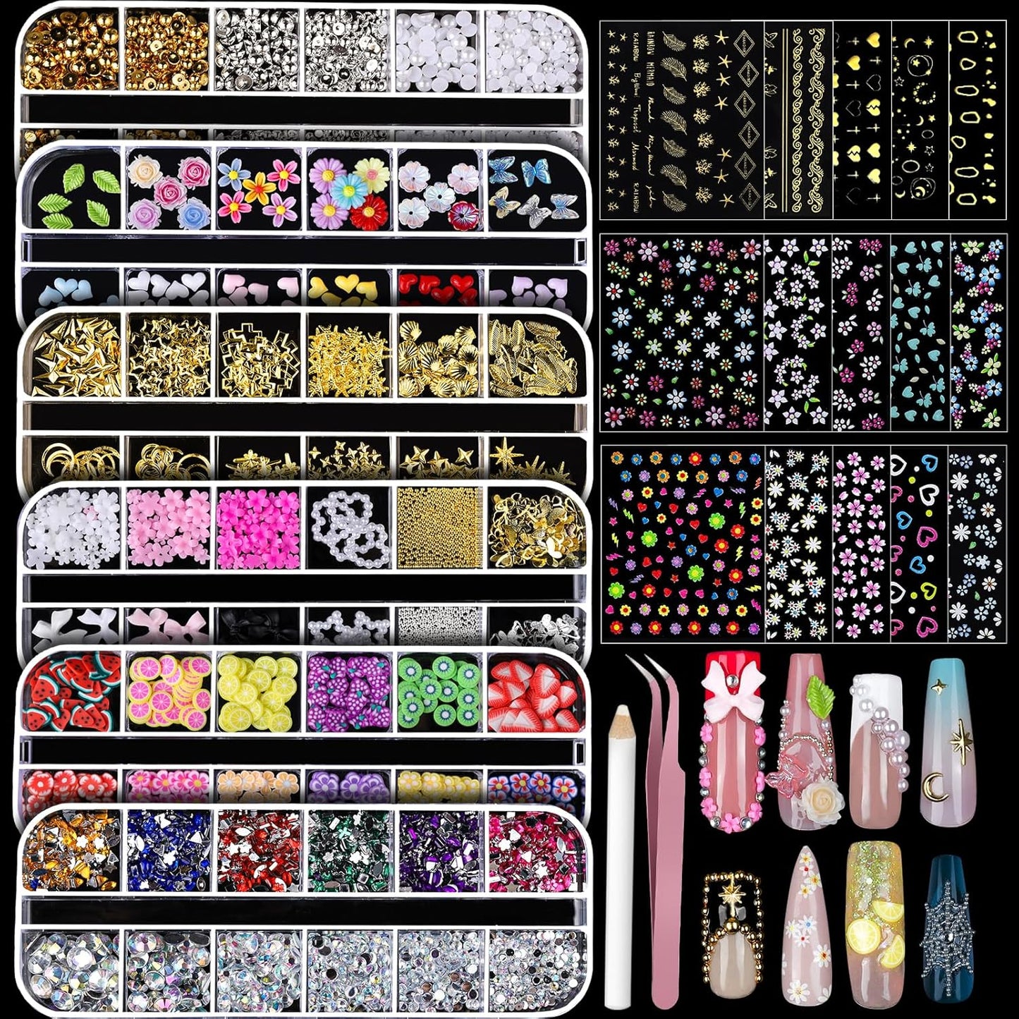 Teenitor Nail Charms and Gems Nail Art Tools, 6 Boxes 3D Nail Gems with 15 Sheets Nail Stickers for Nail Art, Flower Nail Stickers Nail Rhinestones Nail Supplies, Nail Pearls Nail Stuff Nail Decor-Velvo Beauty