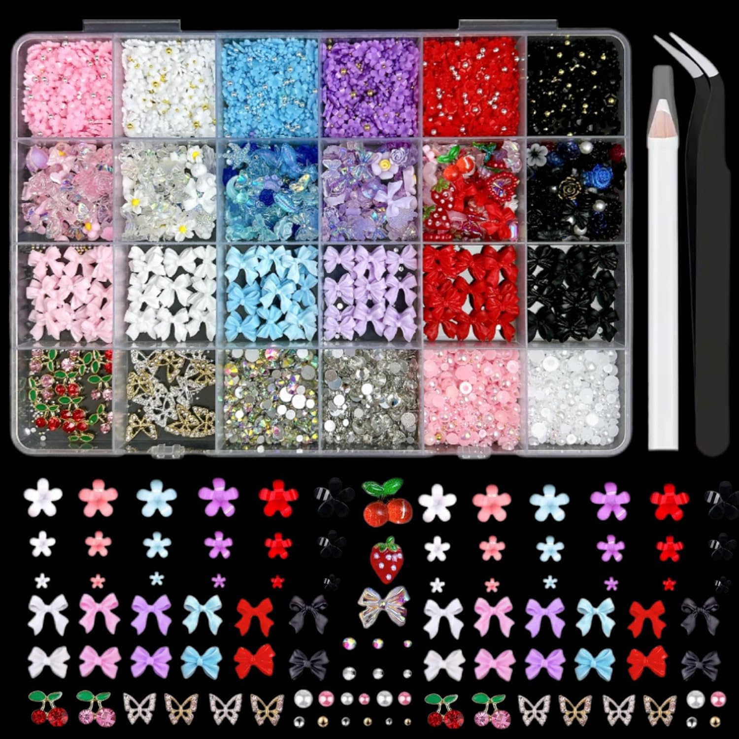 3D Flowers Nail Charms Y2K Kit, Metal Butterfly Cherry Colorful Bow Charms for Nails Art Gems, White and Pink Bows Pearls Charms for Nail Manicure DIY Crafts Jewelry Accessories-Velvo Beauty