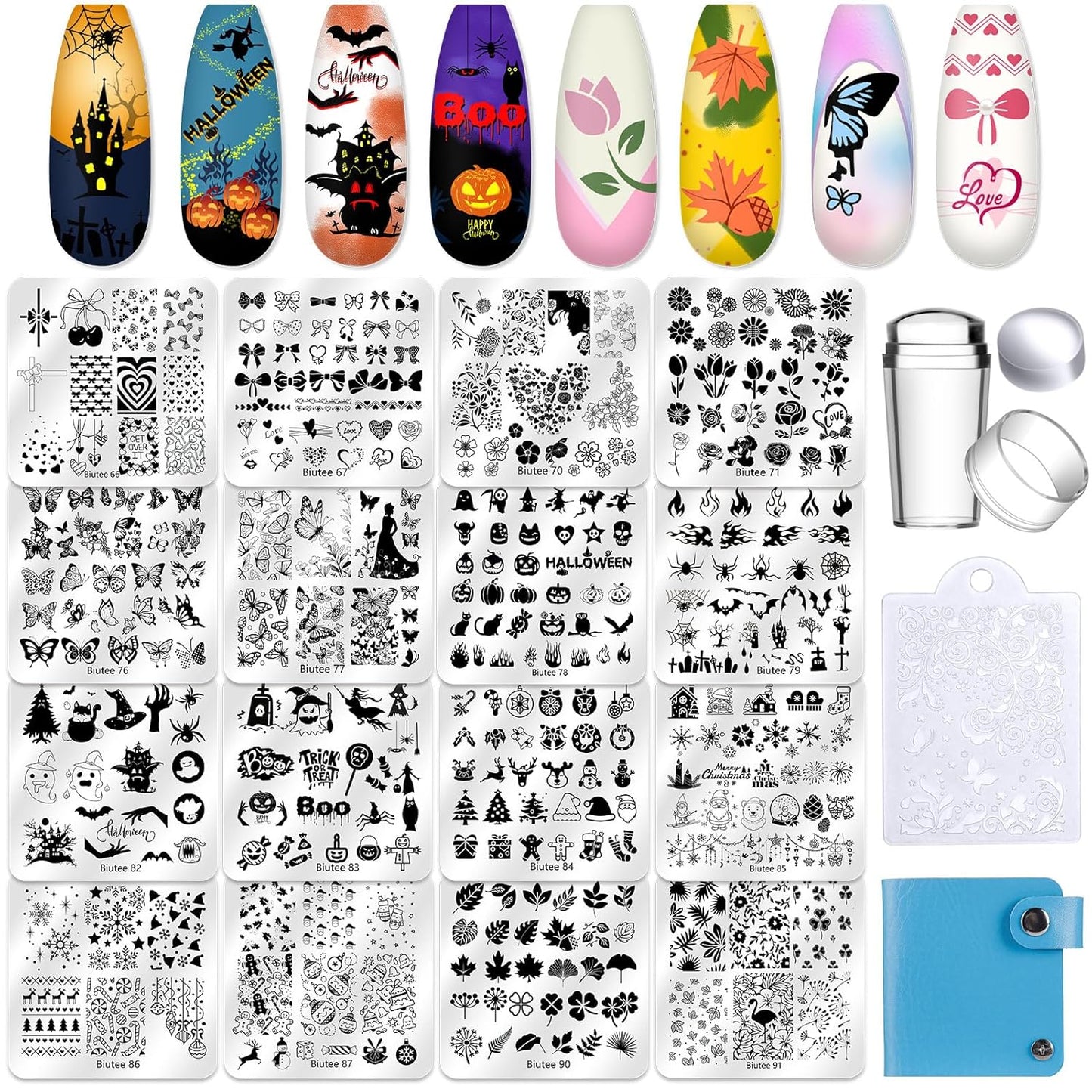 Biutee Nail Stamping Plate 20Pcs Nail Stamper Kit 16Pcs Nail Art Stamping Plates with Silicone Stamper, Scraper & Storage Bag, Stamp Plates Star Plaid Love Leaf Template Halloween Design Gift-Velvo Beauty
