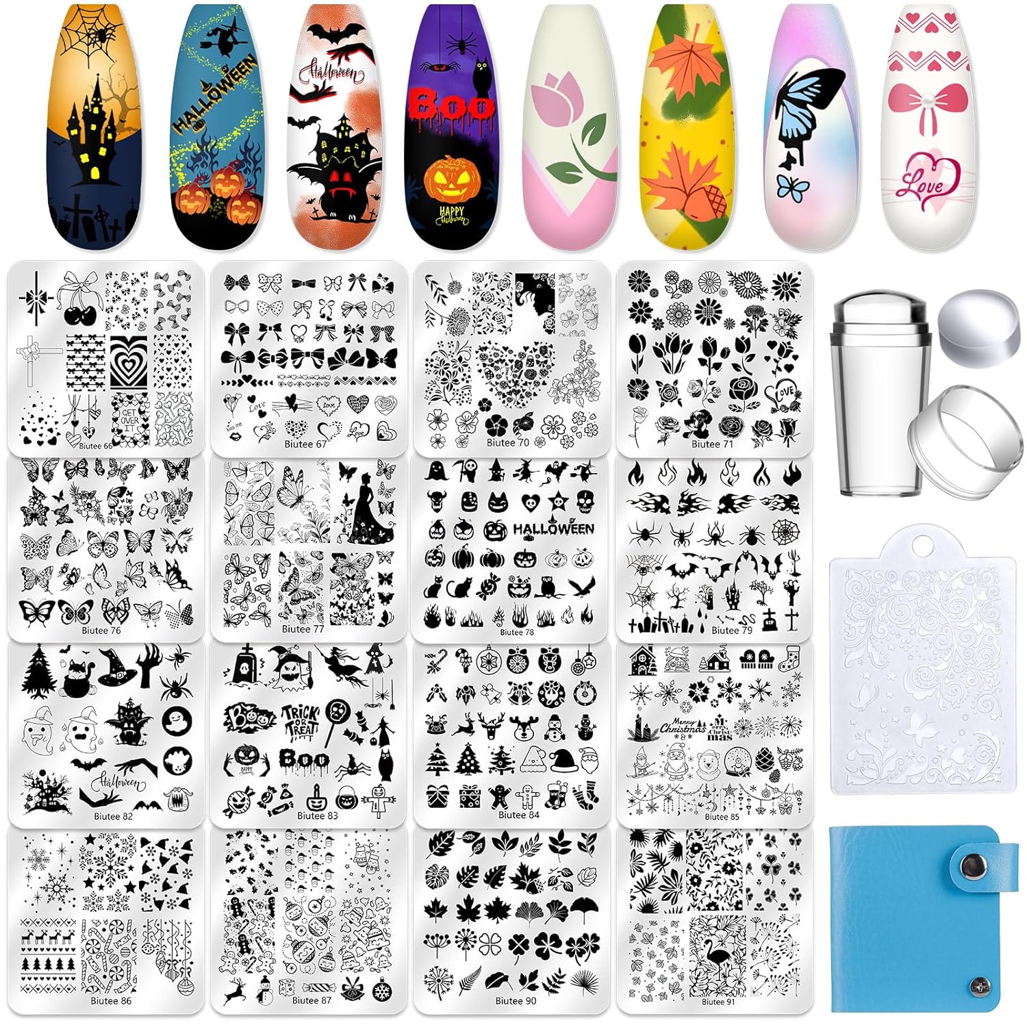 Biutee Nail Stamping Plate 20Pcs Nail Stamper Kit 16Pcs Nail Art Stamping Plates with Silicone Stamper, Scraper & Storage Bag, Stamp Plates Star Plaid Love Leaf Template Halloween Design Gift-Velvo Beauty