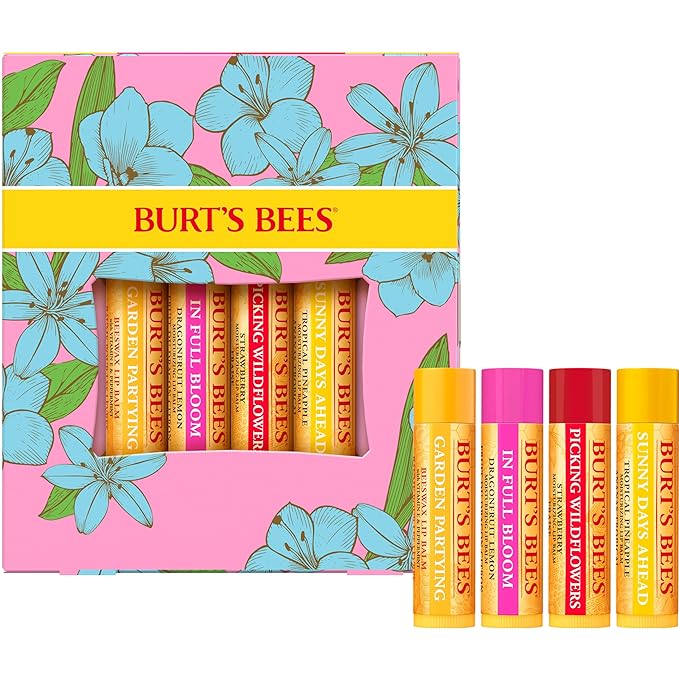 Burt's Bees Gifts Ideas - In Full Bloom Lip Balm Set, Original Beeswax, Dragonfruit Lemon, Tropical Pineapple & Strawberry, Natural Origin Lip Treatment, 4 Tubes, 0.15 oz.-Velvo Beauty