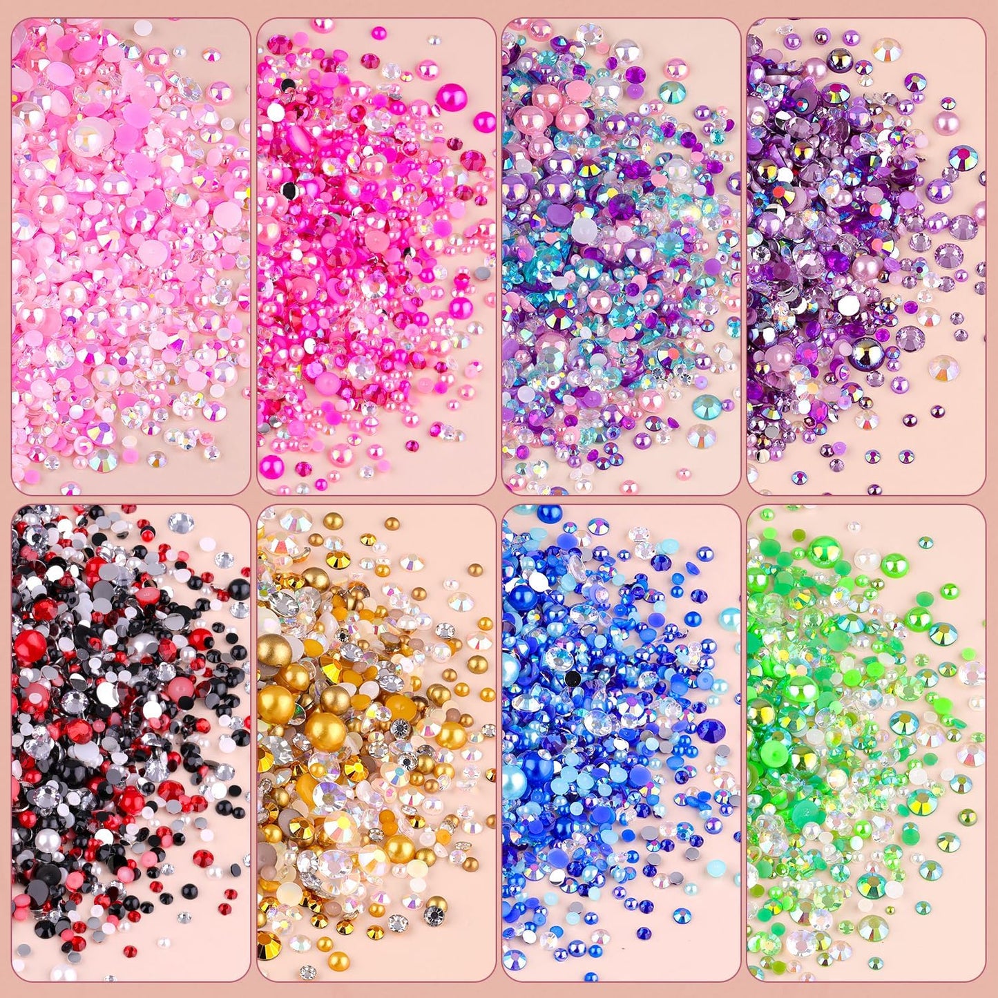 9000PCS Flatback Pearls and Rhinestones for Crafting, White Brown Mixed Size 3-10mm Resin Rhinestones and Half Pearls for Bedazzling, Nail Art and Decoration with Tweezer and Pickup Pencil-Velvo Beauty
