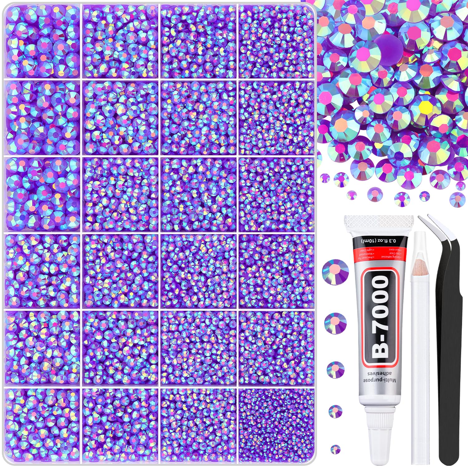 30000Pcs Dark Purple AB Rhinestones for Bedazzling with B7000 Jewelry Glue, Bedazzler Kit Flatback Gems, Resin Rhinestones for Crafting Crafts Clothing Shoes Fabric Nail Art Assorted Size 2/3/4/5/6mm-Velvo Beauty