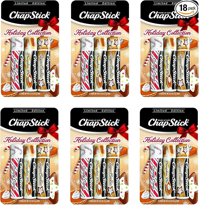 ChapStick Holiday Collection - Candy Cane, Pumpkin Pie & Sugar Cookie Flavors - Blister Pack of 3 Sticks 0.15 Each - Pack of 6 = 18 Sticks, Great Holiday Gift 3 Count (Pack of 6)-Velvo Beauty