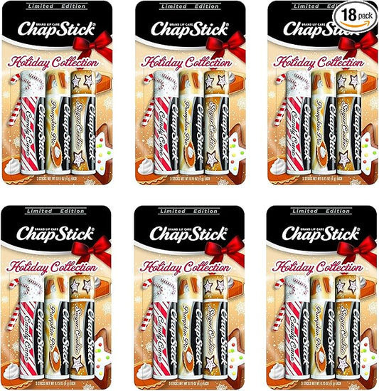 ChapStick Holiday Collection - Candy Cane, Pumpkin Pie & Sugar Cookie Flavors - Blister Pack of 3 Sticks 0.15 Each - Pack of 6 = 18 Sticks, Great Holiday Gift 3 Count (Pack of 6)-Velvo Beauty