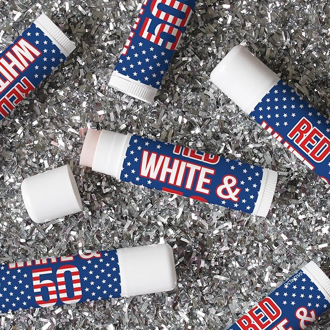 Red White and Blue 50th Birthday Party Favor Lip Balm Labels - 36 Count, Patriotic Birthday Party Supplies-Velvo Beauty