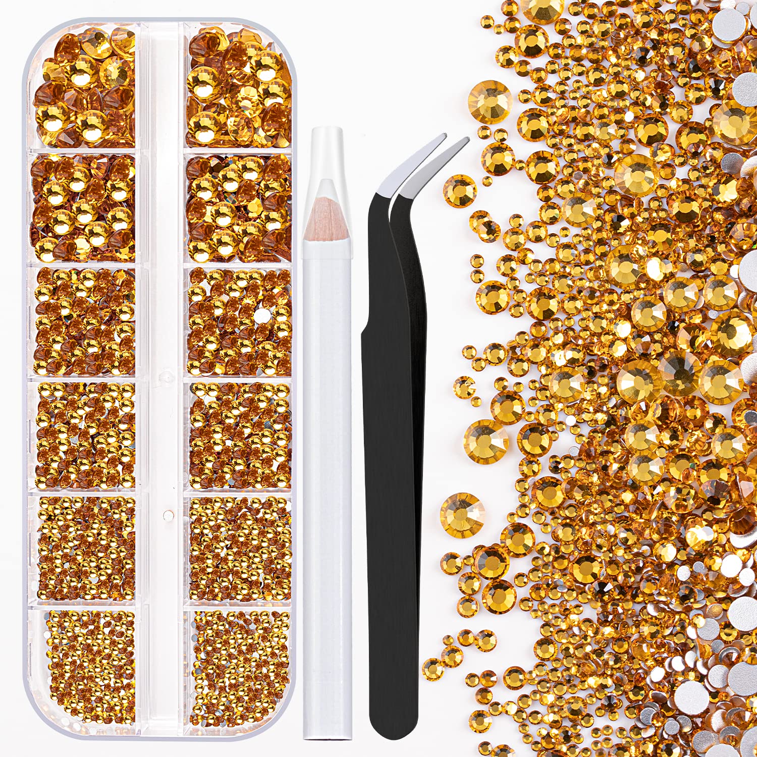 One Pack 2000 Pcs of Flatback Round Golden Yellow Rhinestones 6 Sizes (1.5-6 mm) with Nail Art Rhinestone Picker Pencil and Tweezer for DIY and Salon Use-Velvo Beauty