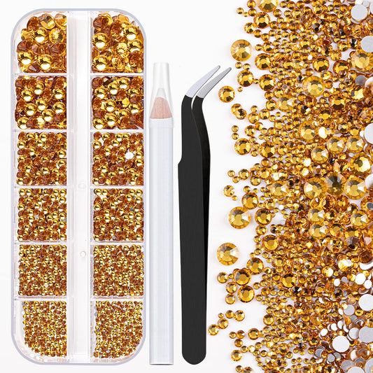 One Pack 2000 Pcs of Flatback Round Golden Yellow Rhinestones 6 Sizes (1.5-6 mm) with Nail Art Rhinestone Picker Pencil and Tweezer for DIY and Salon Use-Velvo Beauty