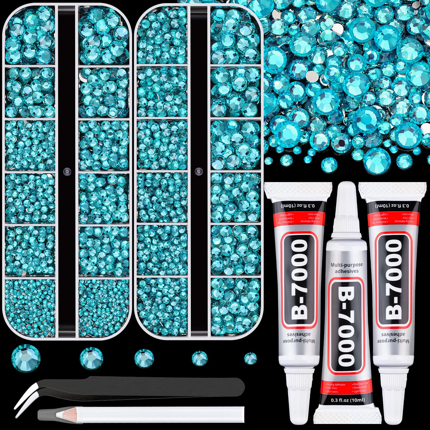 Resin Rhinestones for Crafting with B7000 Jewelry Glue, 2 Boxes Teal Blue Flatback Crystals with 3Pcs 10ml Glue for Bedazzling Crafts DIY Nail Art Makeup, Gems for Clothing Shoes-Velvo Beauty
