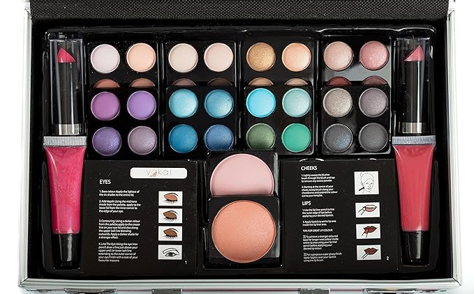Makeup Kit Gift Set - 51 Piece - 32 Eye Shadows, 2 Blushes, 2 Lip Glosses, 2 Lipsticks, 2 Eye Liner Pencils, 1 Lip Liner Pencil, 1 Mascara - Case with Carrying Handle-Velvo Beauty