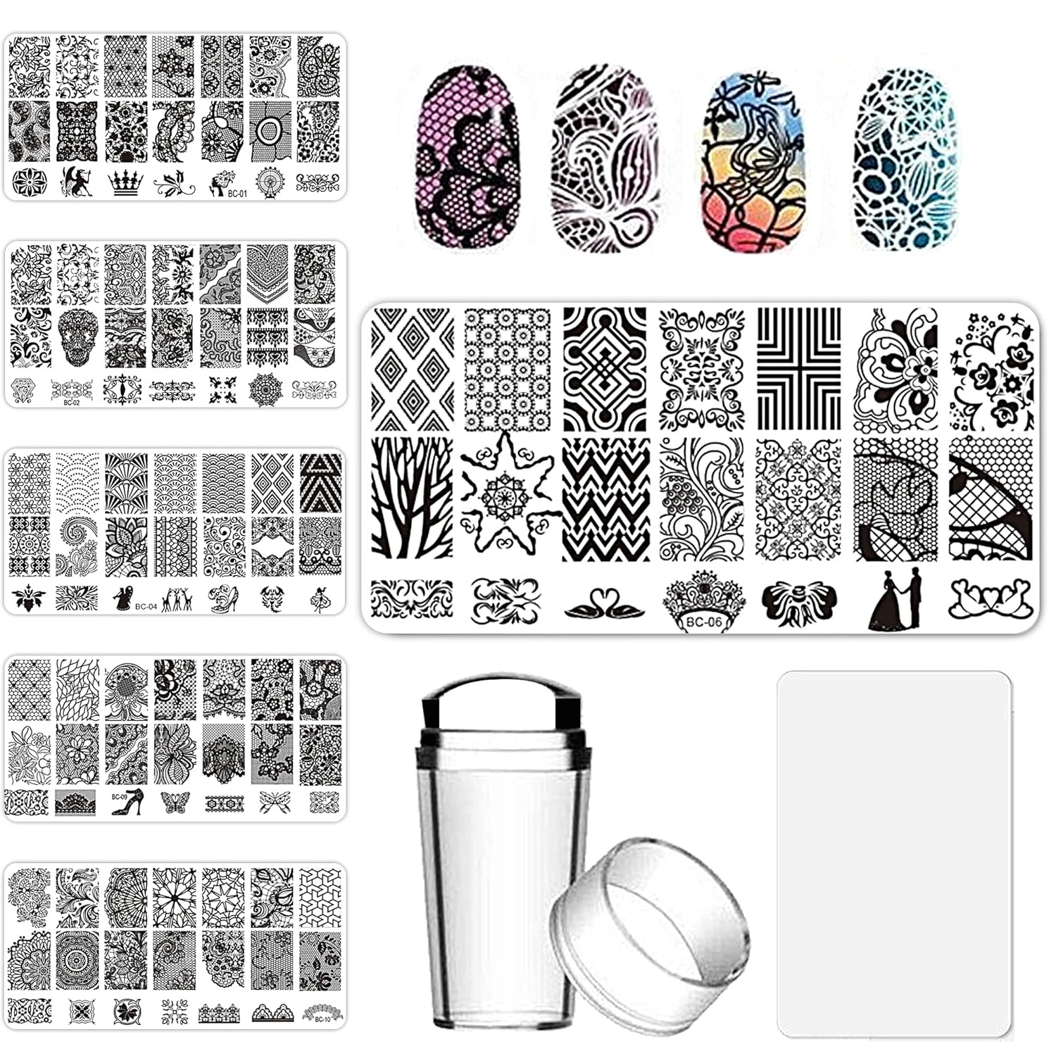 AddFavor Nail Stamper Kit 6pcs Flower Lace Vine Nail Art Stamping Plate Template with Silicone Nail Stamper and Scraper for Women Girls DIY Fingernail Manicure Stencils Tools-Velvo Beauty