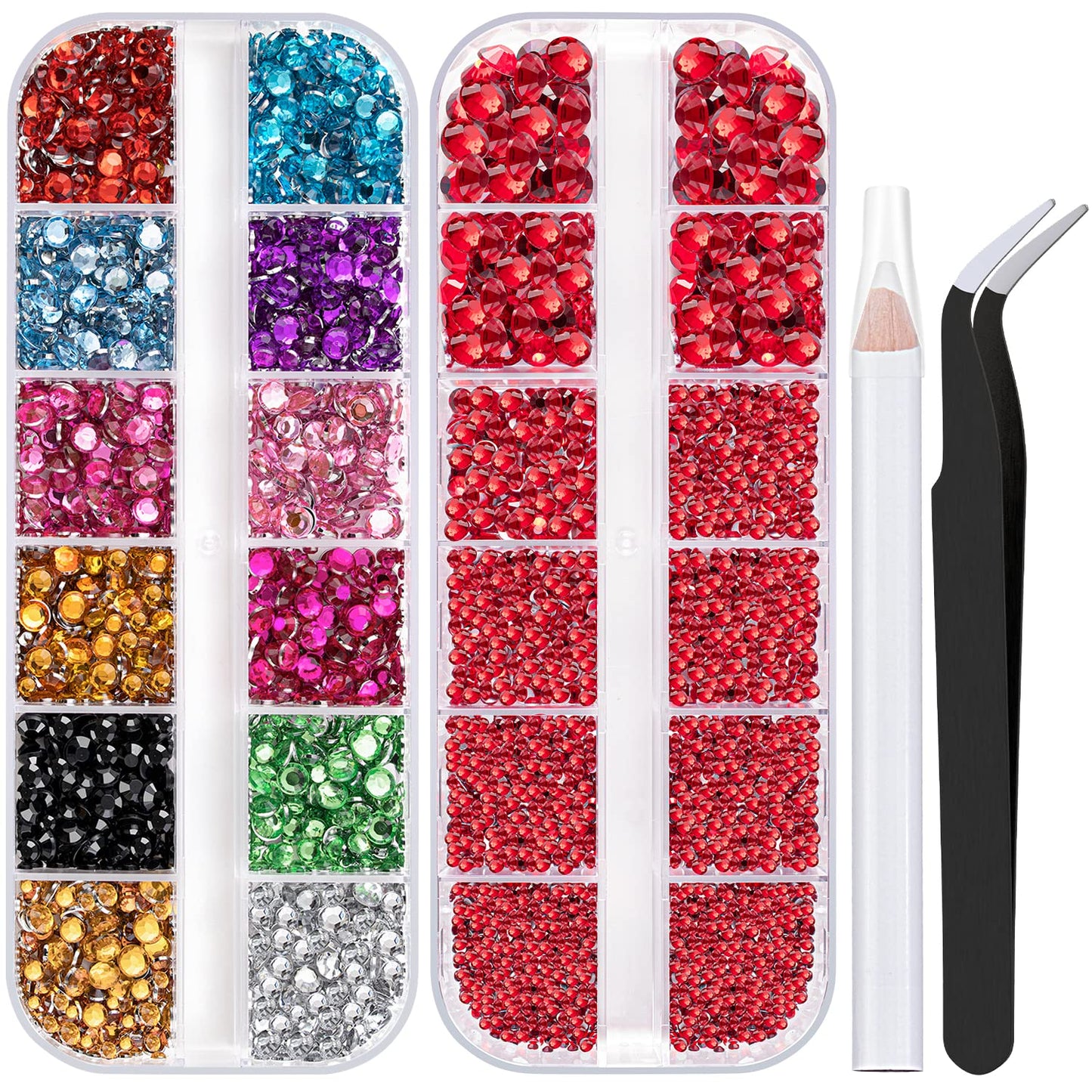 Two Packs of Flatback Rhinestones 4520 Pcs Colorful Nail Art Rhinestones Flatback Crystal Colorful+Red Rhinestone with Picker Pencil and Tweezer for Nail Art and Decoration-Velvo Beauty