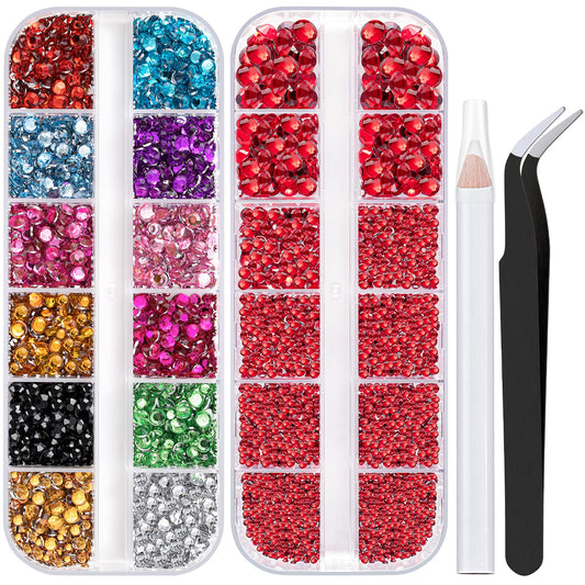 Two Packs of Flatback Rhinestones 4520 Pcs Colorful Nail Art Rhinestones Flatback Crystal Colorful+Red Rhinestone with Picker Pencil and Tweezer for Nail Art and Decoration-Velvo Beauty