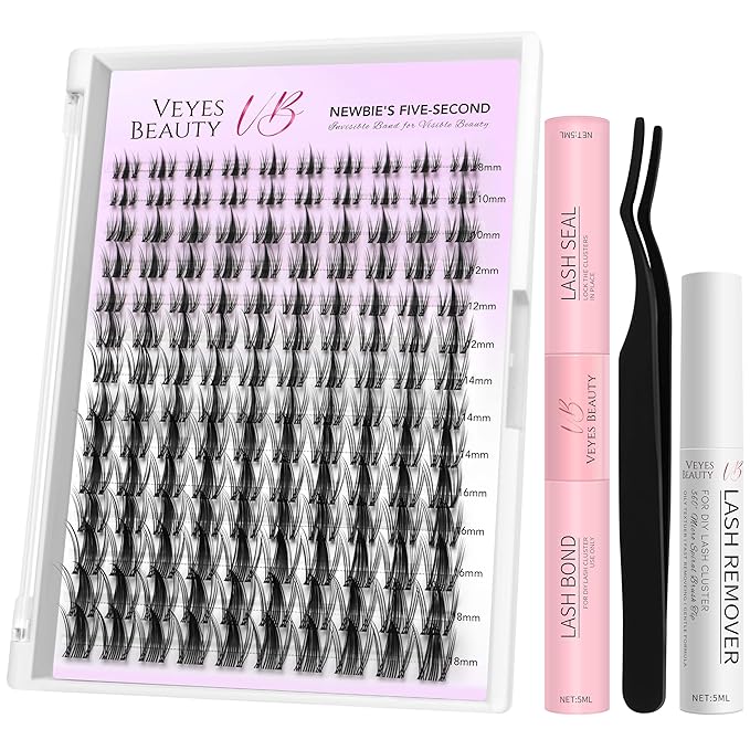 VEYESBEAUTY Lash Clusters Kit Eyelash Extensions Thin & Invisible Band DIY Individual False Eyelashes Newbie's Five-Second Series Wispy Lash Tray for Self-application, Manga Lash 8-18mm Mixed Length-Velvo Beauty