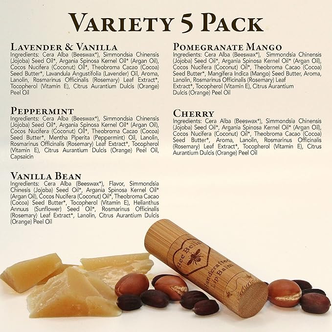 Bee Bella Lip Balm Variety Pack Gift Set, Cherry, Pomegranate Mango, Vanilla Bean, Peppermint, & Lavender Vanilla, 5 Pack - Hydrating, Moisturizing, Natural, Organic Beeswax, Vitamin E, Made in USA-Velvo Beauty