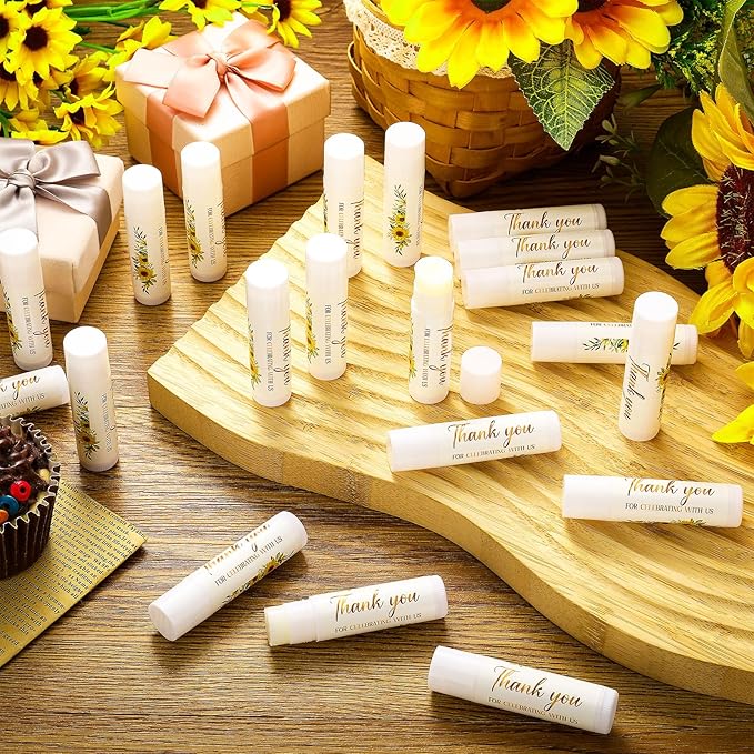 Dunzy 50 Pcs Thank You Gift Lip Balm Bulk Baby Shower Party Favors Bridal Shower Favor Lip Care with Assorted Fruit Flavors Thank You Lipstick for Guest Basket Gift Stuffer (Sunflower)-Velvo Beauty