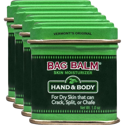 Bag Balm Vermont's Original Ointment, 1 Ounce Tin (Pack of 4), Moisturizing Ointment for Dry Skin that can Crack Split or Chafe on Hands Feet Elbows Knees Shoulders and More-Velvo Beauty