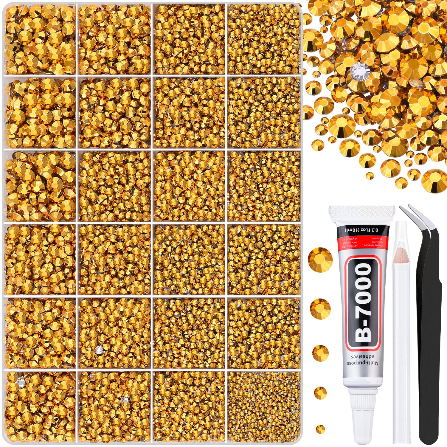 30000Pcs Mine Gold Rhinestones for Bedazzling with B7000 Jewelry Glue, Bedazzler Kit Flatback Gems, Resin Rhinestones for Crafting Crafts Clothing Shoes Fabric Nail Art Assorted Size 2/3/4/5/6mm-Velvo Beauty
