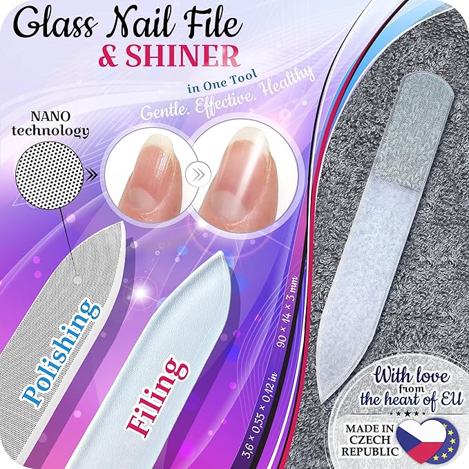 GLADZY Czech Glass Nail File Set - Multifunctional Nail Shiner Buffer, Callus Remover Foot Rasp, Glass Cuticle Pusher Manicure Stick, Etched Surface, Professional Nail Care Tool, Made in EU-Velvo Beauty