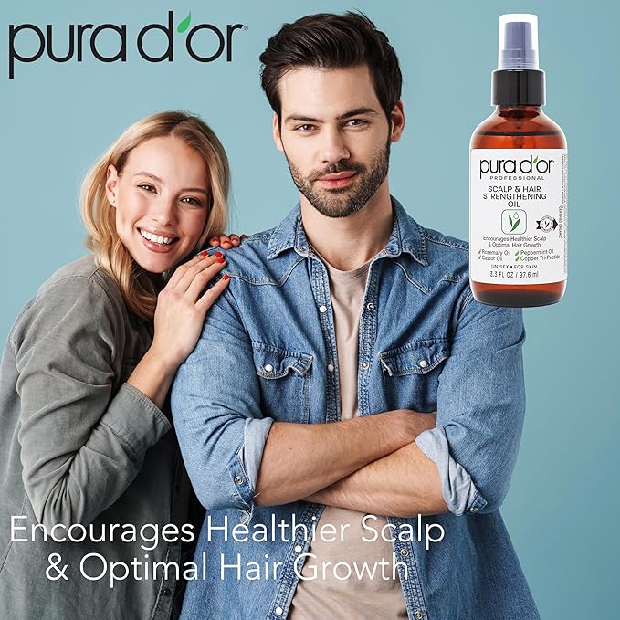 PURA D'OR 3.3 Oz Scalp & Hair Strengthening Oil - Supports Optimal Growth, Reduce Breakage, Nourish Roots for Healthier, Fuller, Thicker Hair - Rosemary, Castor & Peppermint Oil for Stronger Strands-Velvo Beauty