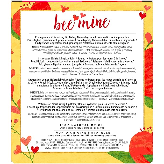 Burt's Bees Bee Mine Lip Balm Gift Set, Strawberry, Dragonfruit Lemon, Pomegranate and Watermelon, 4 Personalized Lip Balms, Pack May Vary-Velvo Beauty
