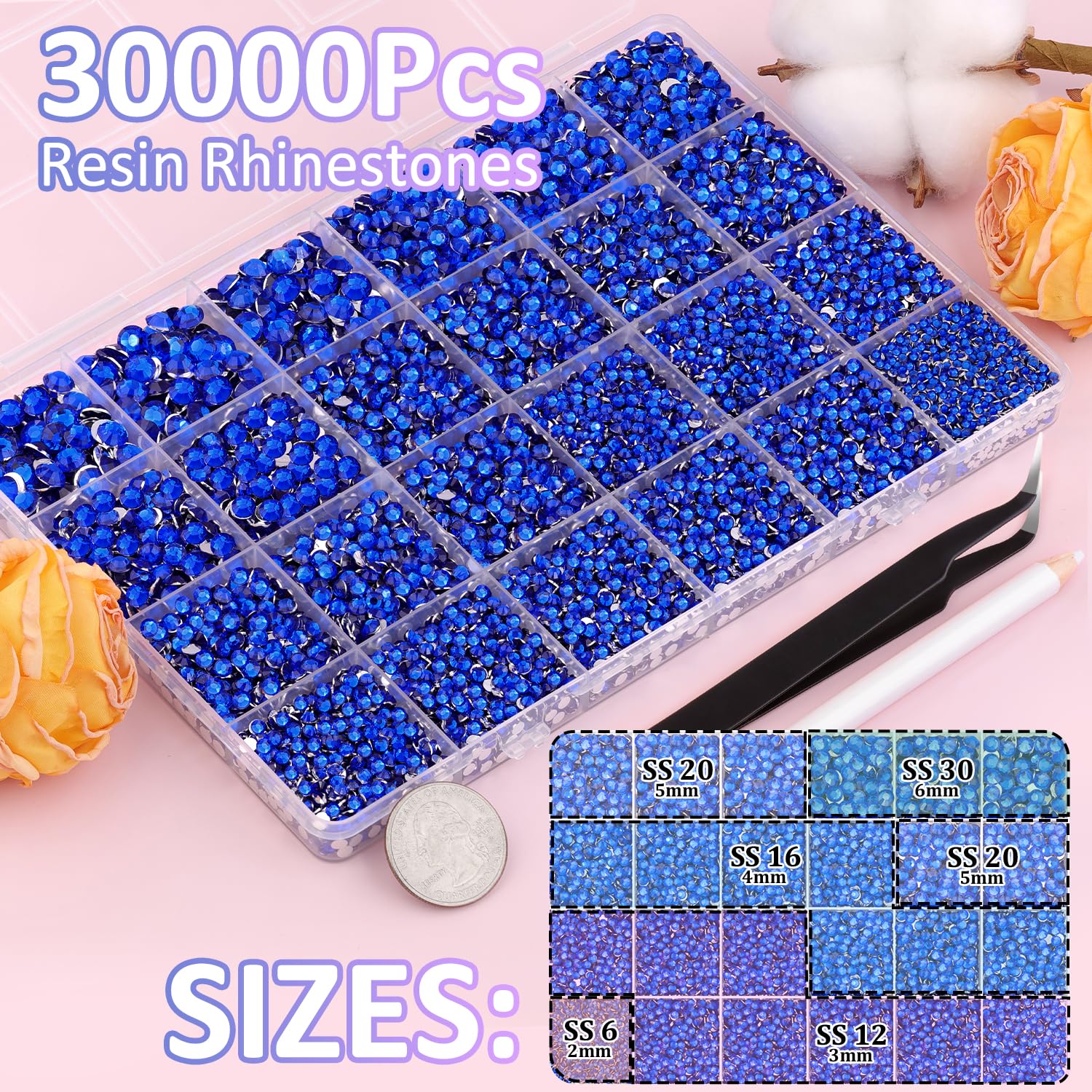 30000Pcs Royal Blue Rhinestones for Bedazzling with B7000 Jewelry Glue, Bedazzler Kit Flatback Gems, Resin Rhinestones for Crafting Crafts Clothing Shoes Fabric Nail Art Assorted Size 2/3/4/5/6mm-Velvo Beauty