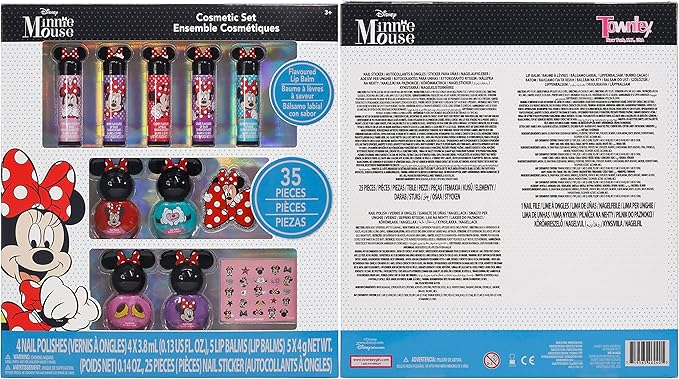 Townley Girl Disney Minnie Mouse Sparkly Cosmetic Makeup Set for Girls with Lip Balm Nail Polish Nail Stickers-35 Pcs|Perfect for Parties Sleepovers Makeovers|Birthday Gift for Girls above 3 Yrs, Kid-Velvo Beauty