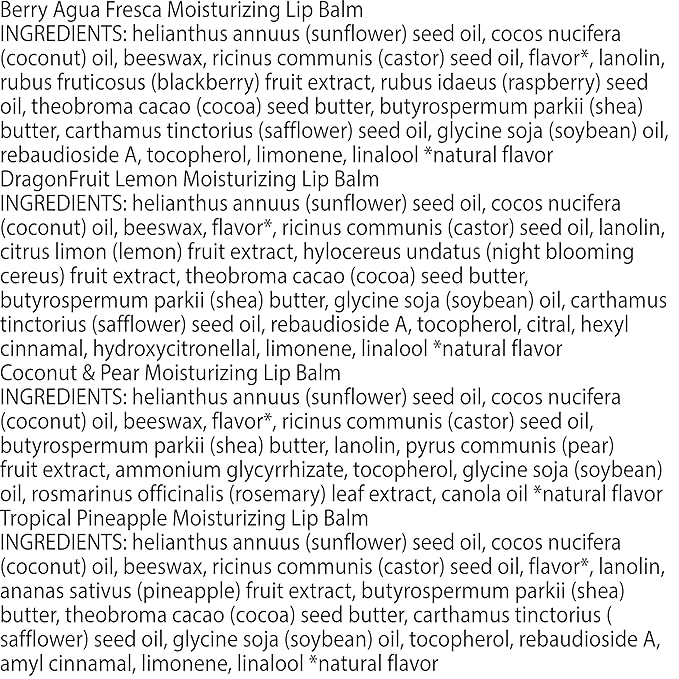 Burt's Bees Lip Balm - Berry Agua Fresca, Dragonfruit Lemon, Coconut & Pear, Tropical Pineapple Pack, With Beeswax, Tint-Free, Natural Origin Lip Treatment, 4 Tubes, 0.15 oz.-Velvo Beauty