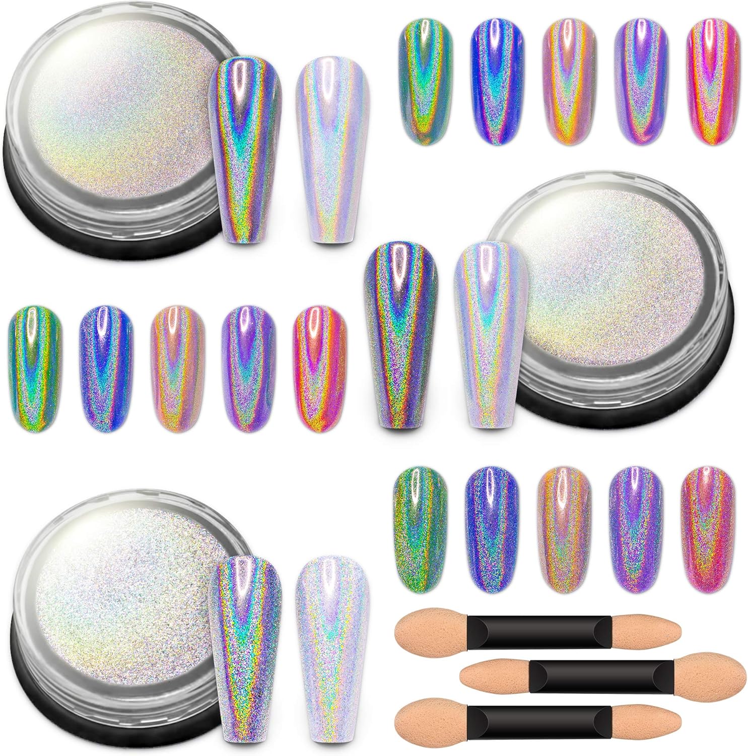 Artdone 3jars Holographic Chrome Nail Powder 1Gram Each, Unicorn Holo Rainbow Mirror Effect 20um 35um 65um Nail Pigment kit For Gel Polish Nail Art crome Set-Velvo Beauty