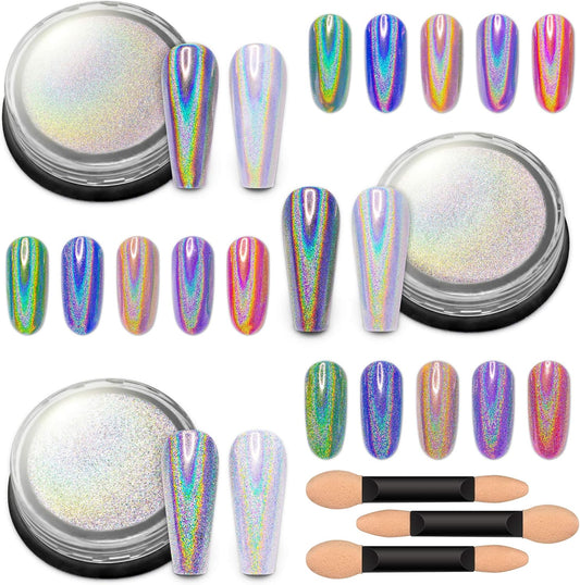 Artdone 3jars Holographic Chrome Nail Powder 1Gram Each, Unicorn Holo Rainbow Mirror Effect 20um 35um 65um Nail Pigment kit For Gel Polish Nail Art crome Set-Velvo Beauty