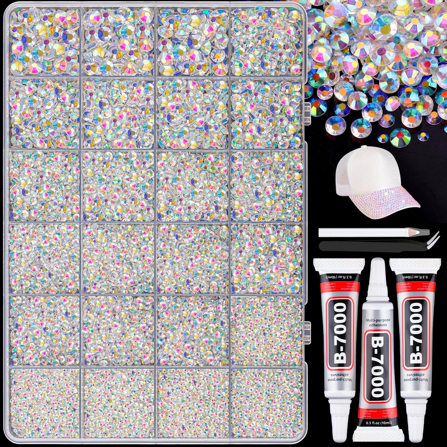 25000Pcs Resin Rhinestones with B7000 Jewelry Glue for Crafting, Transparent AB 2-6mm Non Hotfix Flatback Gems, Bedazzling Crystal for DIY Crafts Clothing Tumblers Mugs Shoes Fabric Decor Nail Art-Velvo Beauty