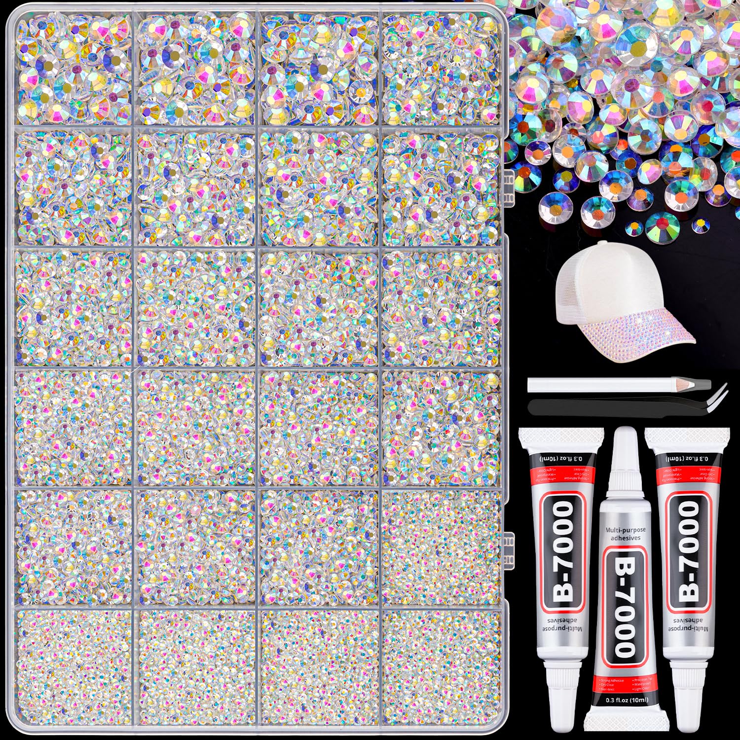 25000Pcs Resin Rhinestones with B7000 Jewelry Glue for Crafting, Transparent AB 2-6mm Non Hotfix Flatback Gems, Bedazzling Crystal for DIY Crafts Clothing Tumblers Mugs Shoes Fabric Decor Nail Art-Velvo Beauty