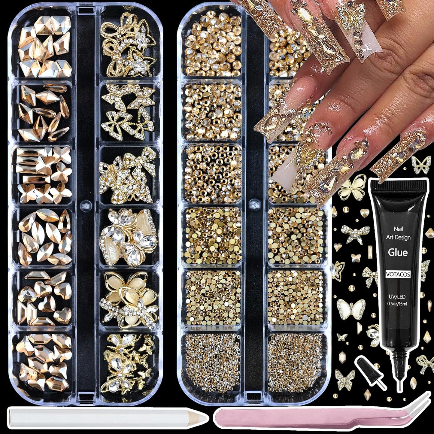 Nail Art Charms Rhinestones with Glue Gel Champagne Nail Rhinestones Supplies Accessories Gold Butterfly Multi Shape Crystal AB Rhinestone Nails Gems Jewelry for Women Nails Design-Velvo Beauty