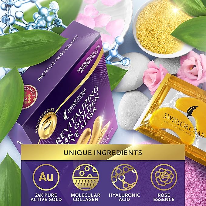 SWISSÖKOLAB Under Eye Patches For Puffy Eyes 24k Gold Eye Mask Dark Circles And Puffiness Collagen Eye Gel Pads Moisturizing & Reducing Wrinkles Anti-Aging Hyaluronic Acid (Revitalising)-Velvo Beauty
