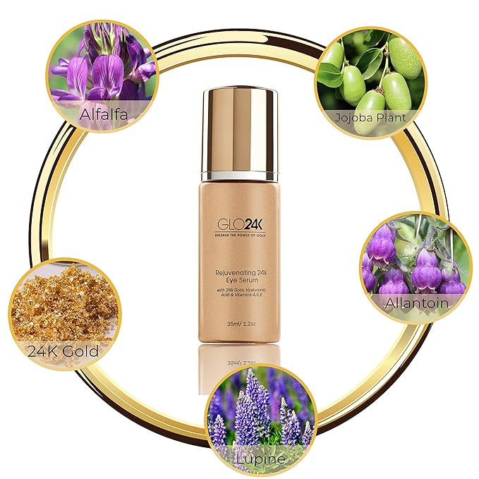 GLO24K Eye Serum with 24k Gold, Hyaluronic Acid, and Vitamins A,C,E. Potent Formula for the delicate skin around the eyes.-Velvo Beauty