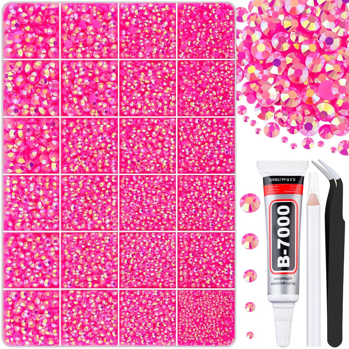 30000Pcs Hot Pink AB Rhinestones for Bedazzling with B7000 Jewelry Glue, Bedazzler Kit Flatback Gems, Resin Rhinestones for Crafting Crafts Clothing Shoes Fabric Nail Art Assorted Size 2/3/4/5/6mm-Velvo Beauty
