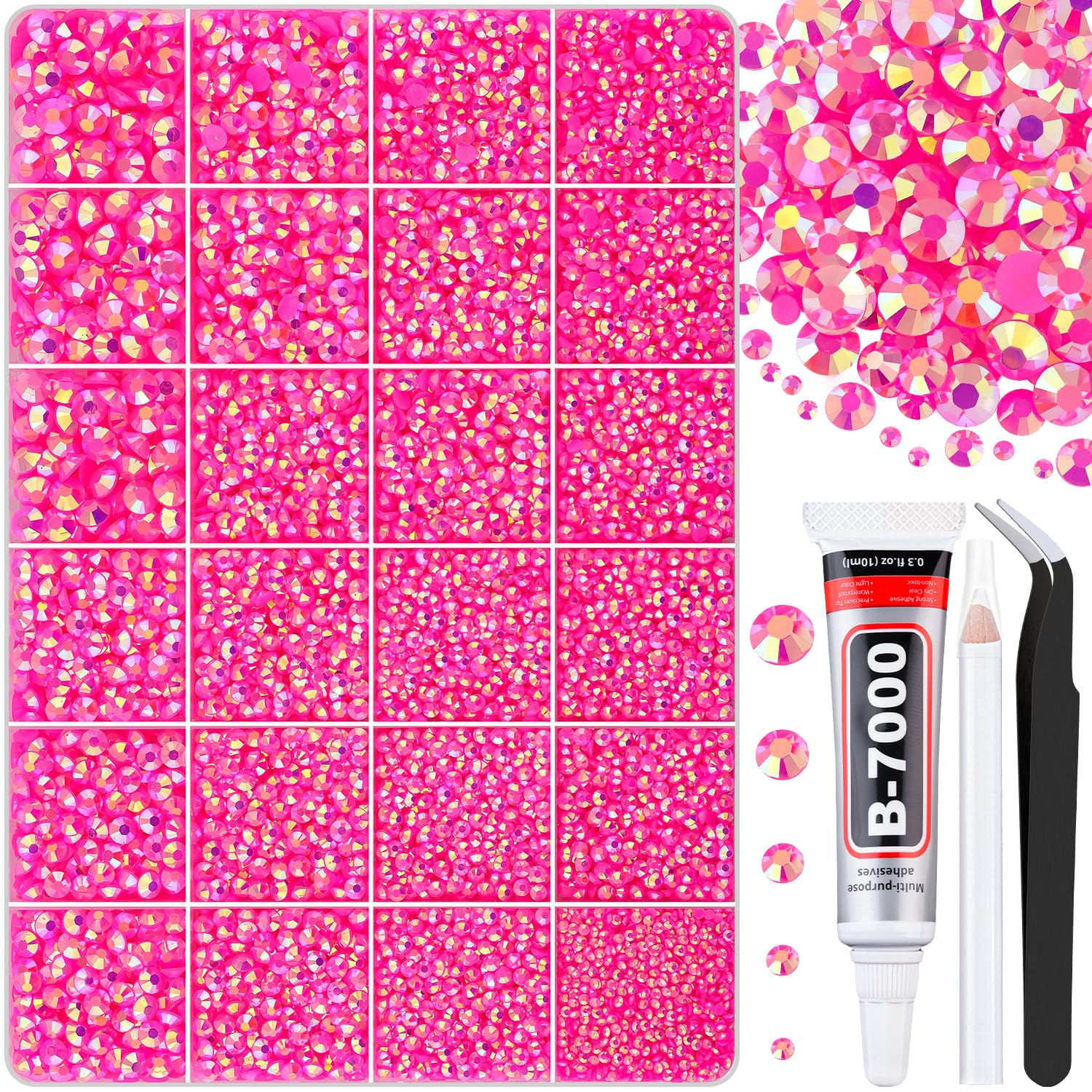 30000Pcs Hot Pink AB Rhinestones for Bedazzling with B7000 Jewelry Glue, Bedazzler Kit Flatback Gems, Resin Rhinestones for Crafting Crafts Clothing Shoes Fabric Nail Art Assorted Size 2/3/4/5/6mm-Velvo Beauty