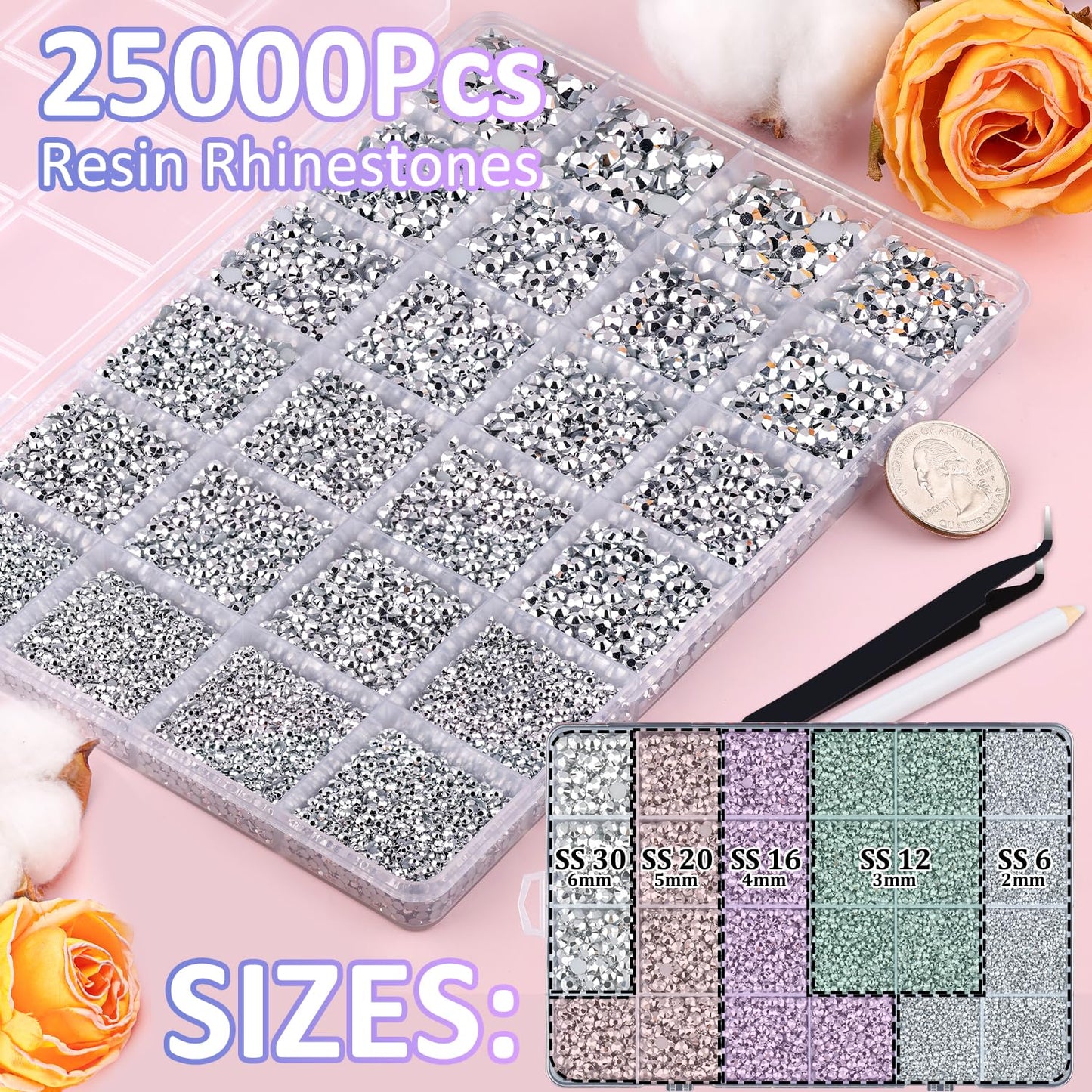 25000Pcs Resin Rhinestones with Tweezers for Crafting, Silver 2-6mm Mixed Sizes Bedazzling Crystal with 3Pcs 10ml B7000 Jewelry Glue for DIY Crafts Clothing Tumblers Shoes Fabric Nail Art-Velvo Beauty