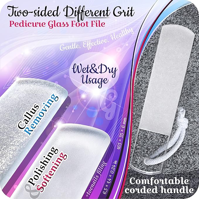 Genuine Czech Glass Foot File by GLADZY - Gentle Callus Remover Foot Rasp, Pedicure & Spa Rough Skin Scrubber, Two-Sided Etched Different Grit Surface, Professional Toenail & Heels Care, Made in EU-Velvo Beauty