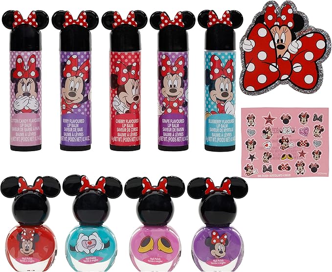 Townley Girl Disney Minnie Mouse Sparkly Cosmetic Makeup Set for Girls with Lip Balm Nail Polish Nail Stickers-35 Pcs|Perfect for Parties Sleepovers Makeovers|Birthday Gift for Girls above 3 Yrs, Kid-Velvo Beauty